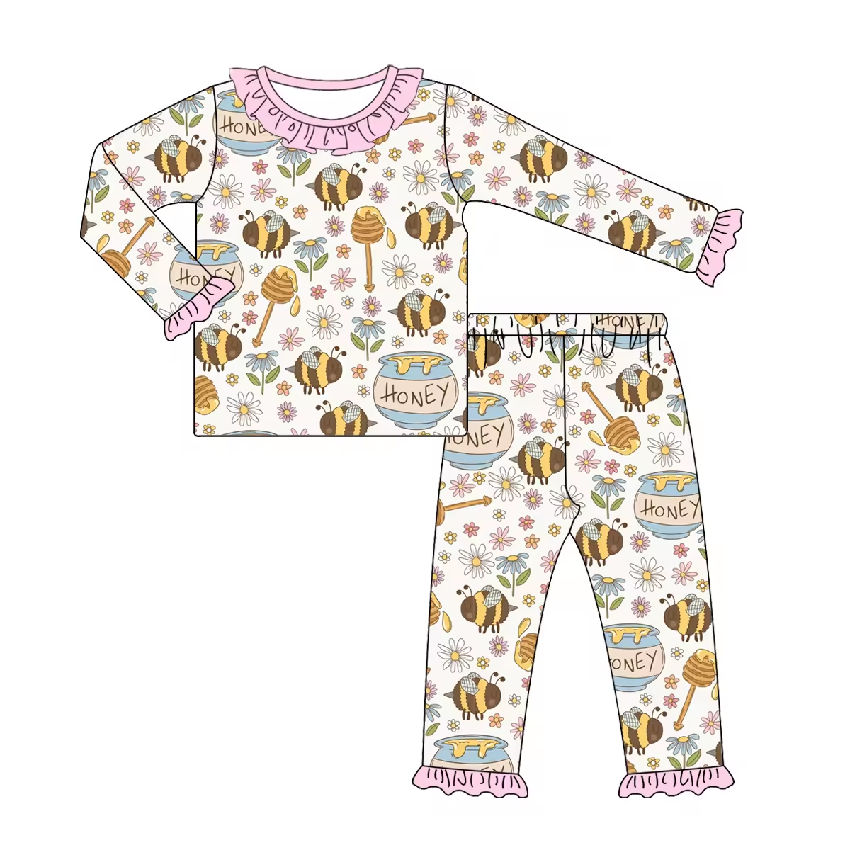 Custom moq 3 eta 6-8weeks Bee collecting honey pink lace collar--sleeve long suit