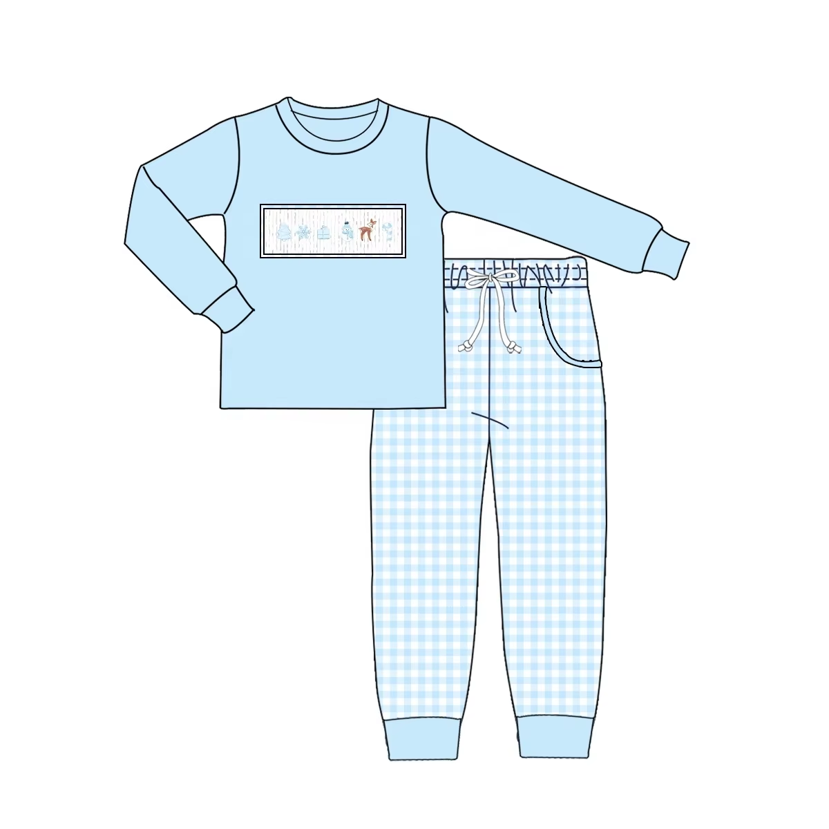Custom moq 3 eta 6-8weeks Sky blue solid color long-sleeved top-checkered pants set