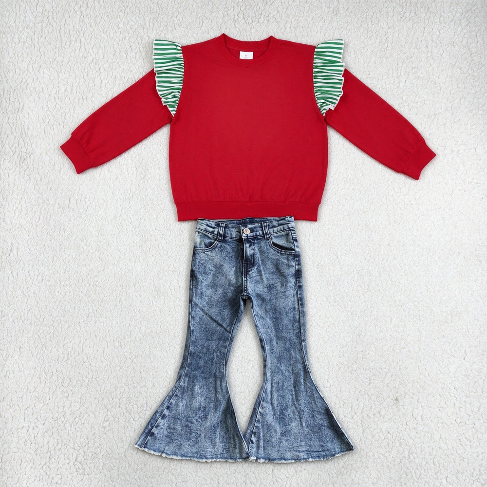 NEW RTS NO MOQ Denim GT1844+ P0008 Baby Girls Green White Striped Ruffle Shoulder Long Sleeve Red Top Bell Bottom Flare Jeans Outfit