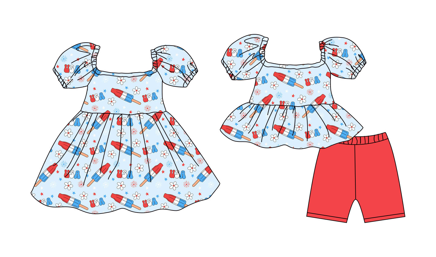Custom moq 5 mix size Sibling Baby Girl's 4th of July Short-Sleeved Top And Shorts Set Cute Dress Combination for Little Ones