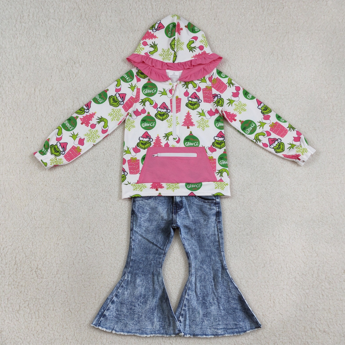 NEW RTS NO MOQ Denim GT1164+ P0008 Cute Clothes Baby Girls Christmas Print Ruffle Hoodie Zip Top Denim Jeans Set