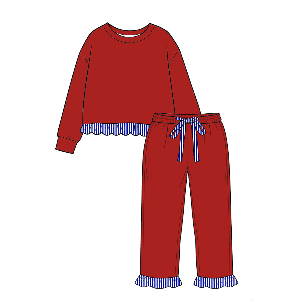 custom moq 5 mix size Baby Girls Red Long Sleeve Top And Pants Set Blue White Striped Ruffle Trim Drawstring Waist Toddler Loungewear