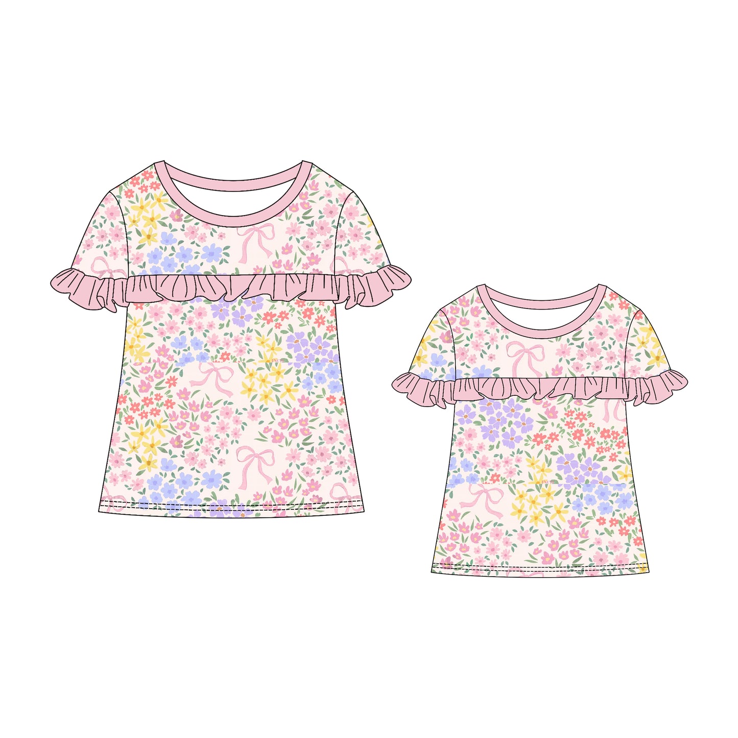 25.11.11 custom each style moq 5 eta 6-8week Sibling Sister bow floral short sleeve top and adult top match design