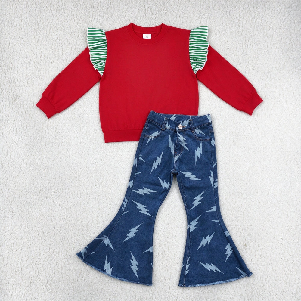 NEW RTS NO MOQ Denim GT1844+ P0128 Baby Girls Green White Striped Ruffle Shoulder Long Sleeve Red Top Lightning Bolt Print Frayed Hem Bell Bottom Flare Jeans Outfit