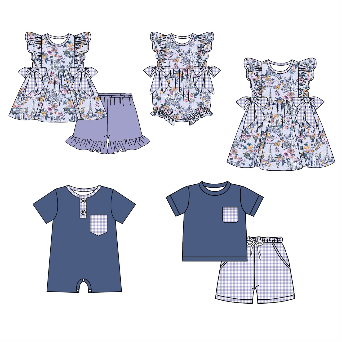 25.12.5 custom each style moq 5 eta 6-8week Sibling Sister floral baby short sleeve shorts sets 2 and romper 2 and dress match design