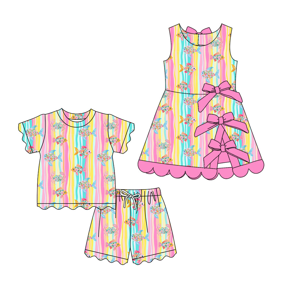 4.13 Custom moq 5 mix size Baby Girls Stripe Top And Short Scallop Clothes Sets Yoga Active Scallop Short Knee Length Dress