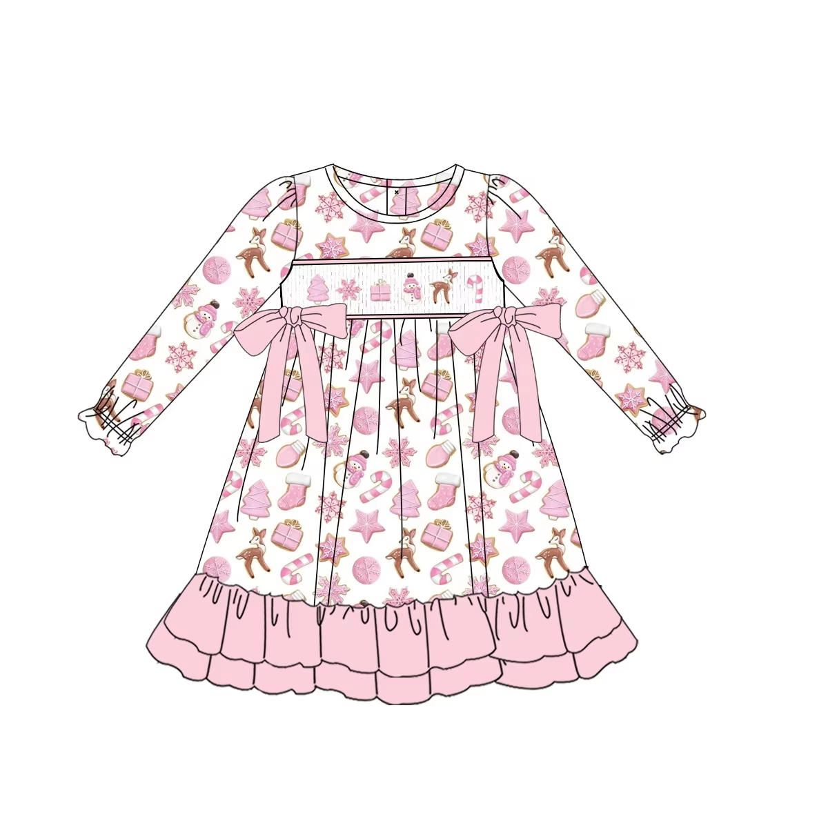 Custom moq 3 eta 6-8weeks Pink Snowflake Deer Bow Long Sleeve Petal Edge Skirt Dress