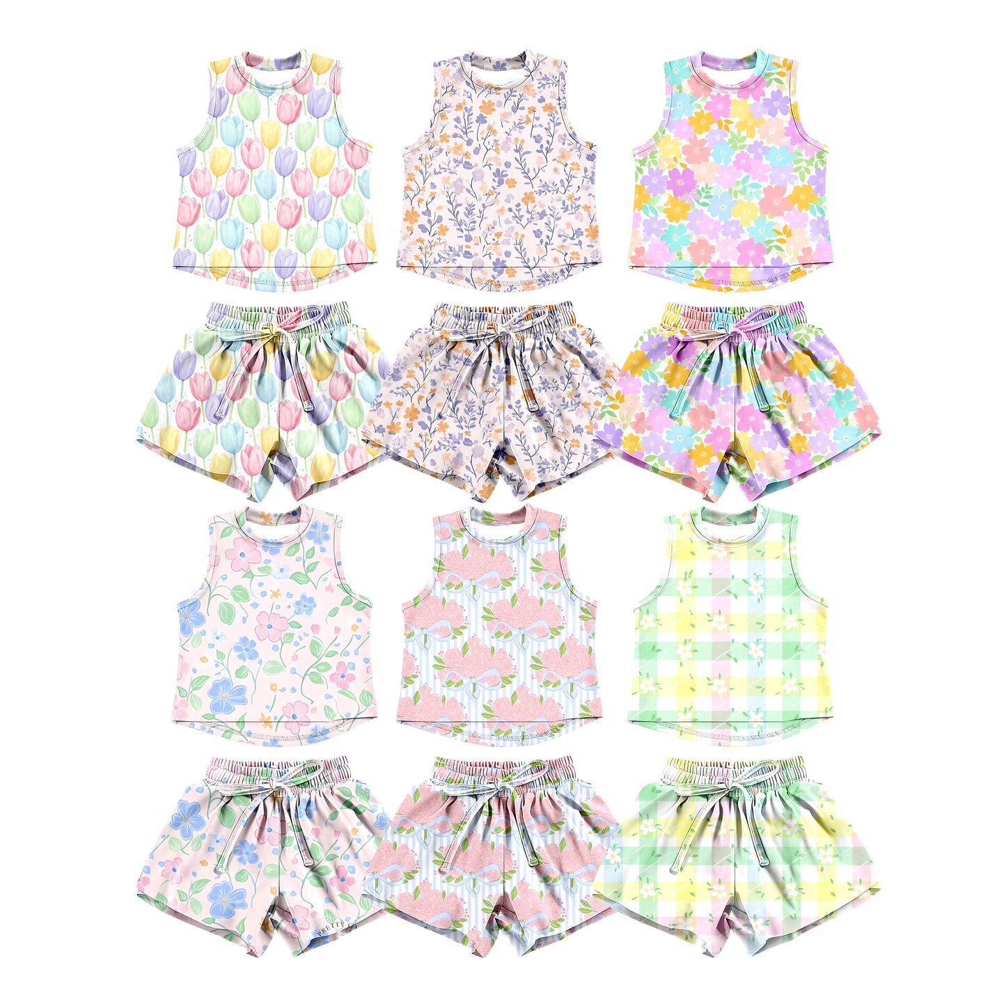 3.7 Custom moq 5 mix size Sibling Baby Girls Floral Vests Top Short Clothes Set