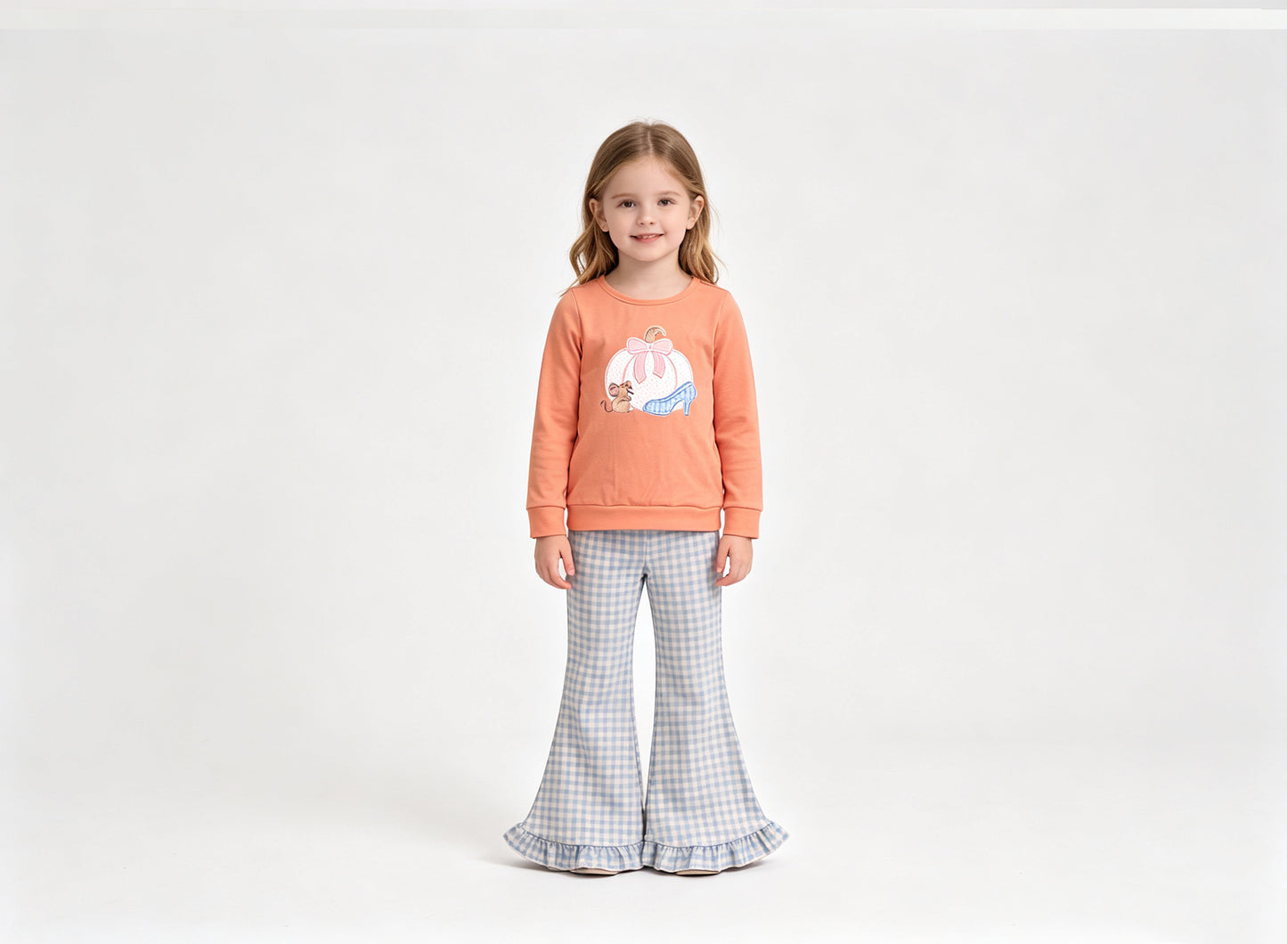 (Sample) No moq milk silk GLP3598 Baby Girls Bow Pumpkins Top Checked Ruffle Pant Fall Clothes Sets