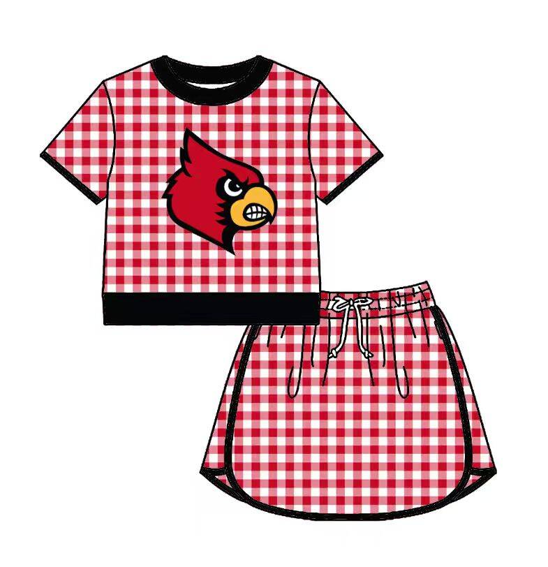 Custom moq 5 mix size milk silk summer teams Baby Girls Red Plaid Short Sleeve Top Skirt Two Piece Set