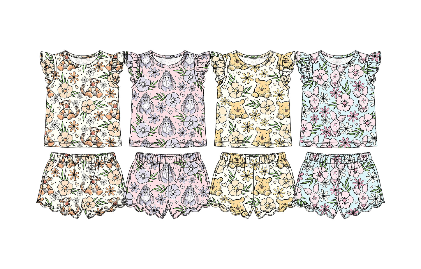 3.31 Custom moq 5 mix size Sibling Baby Girl Floral Print Flutter Sleeves Top And Scallop Shorts Set