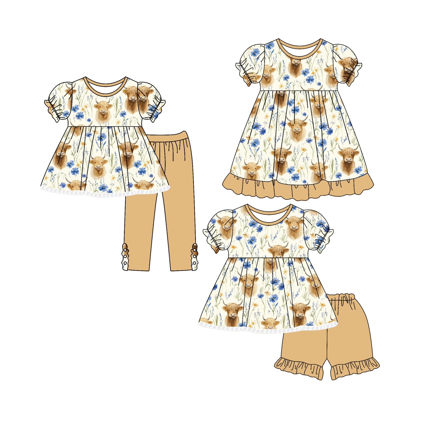 4.25 custom each style moq 5eta 4-6week Sibling Sisters alpine bull head floral baby girl short sleeve shorts sets and pants sets and dress match family design