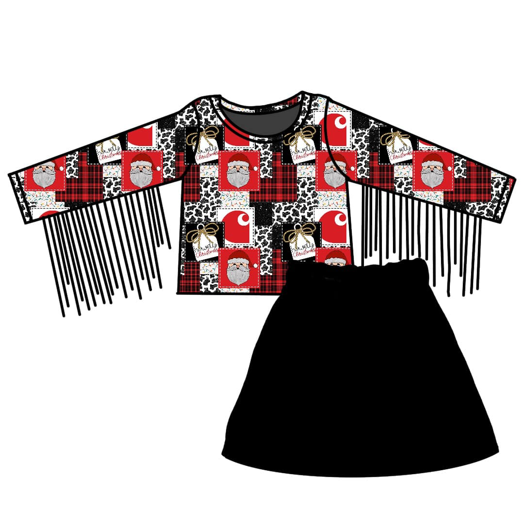 Custom moq 3 eta 6-8 weeks Santa Claus-Gift Box Plaid Black Tassel Long Sleeve-Brown Hip Skirt Suit