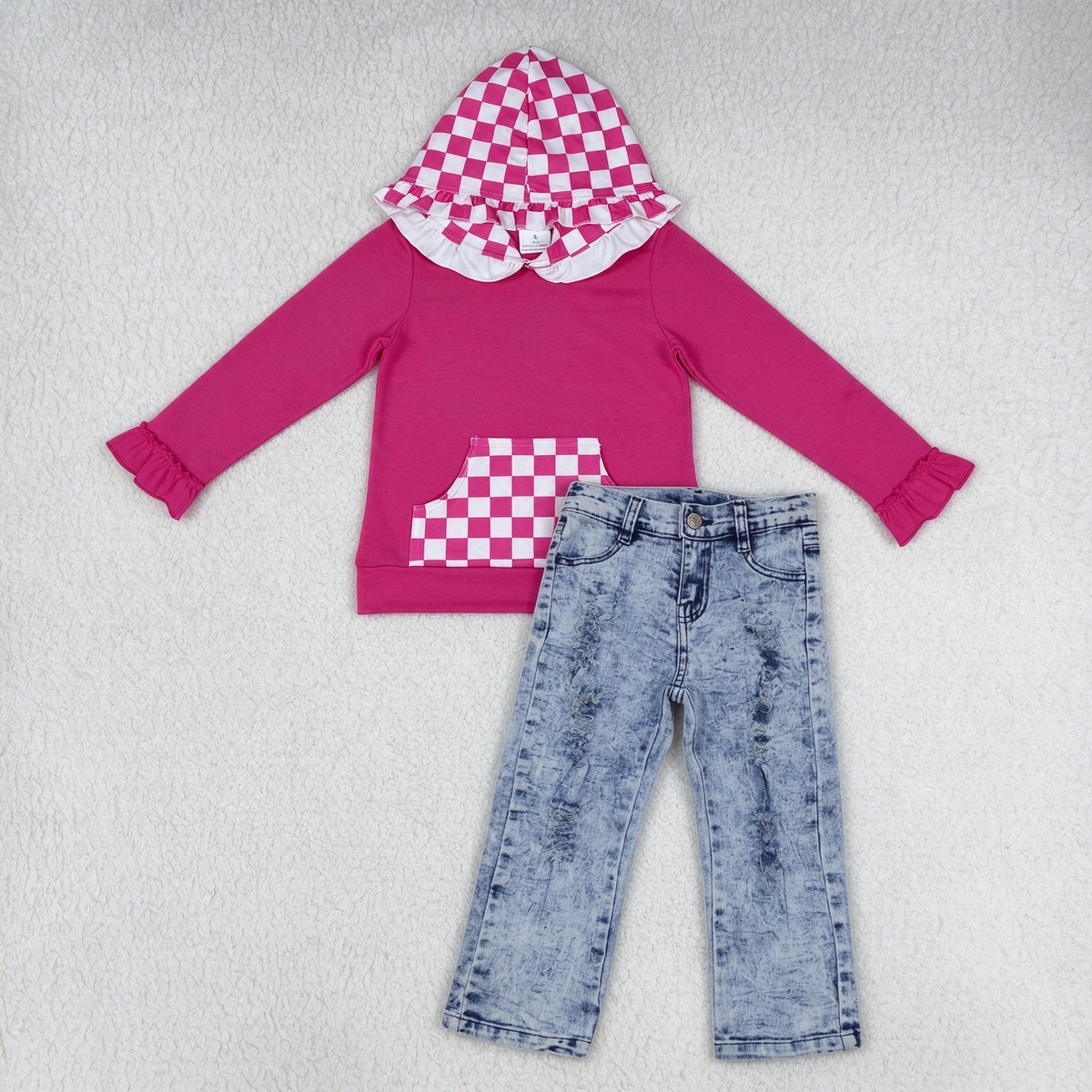 NEW RTS NO MOQ Denim GT1851+ P0244 Baby Girls Hot Pink Checkered Ruffle Hoodie With Pocket Denim Jeans Pants Set