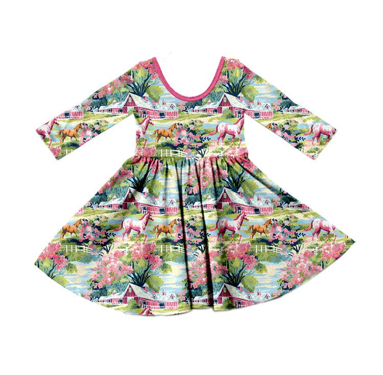 8.26 custom each style moq 5eta 4-6week Sibling Sister horse floral baby girl sets and dress match family design