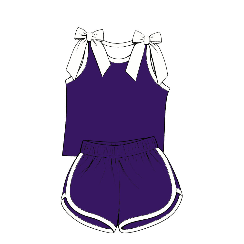custom moq 5 mix size Baby Girls Purple Bow Sleeveless Top Shorts Summer Outfit Sets