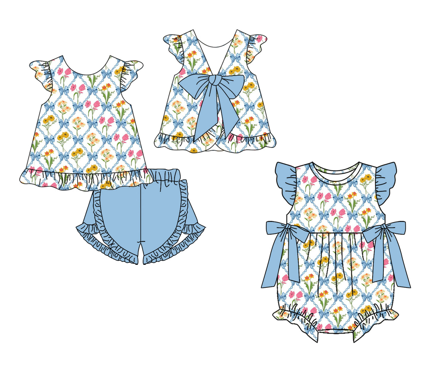 3.13 Custom moq 5 mix size Sibling Baby Girl's Blue Flowers Flutter-Sleeved Top And Shorts Set with Matching Flutter-Sleeved Romper Outfit Set