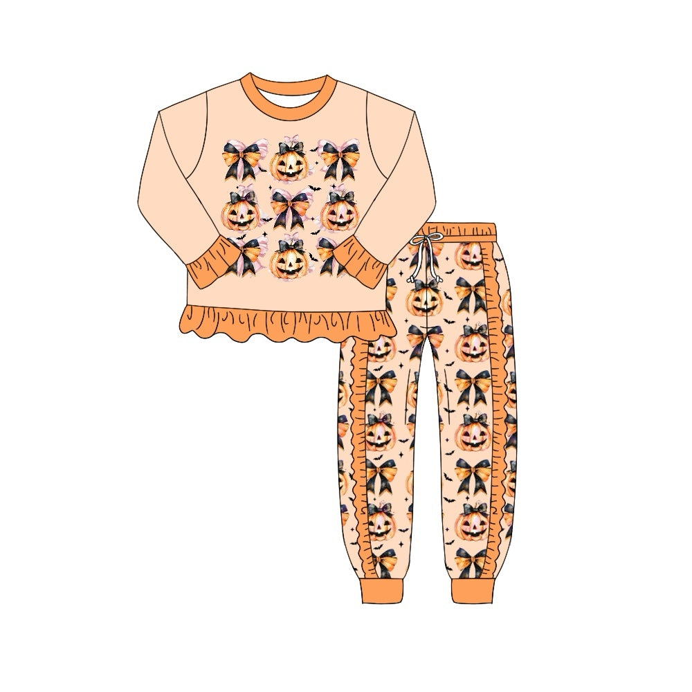 7.26 custom each style moq 5eta 4-6week baby girls clothes pumpkin bow orange long sleeve pants sets