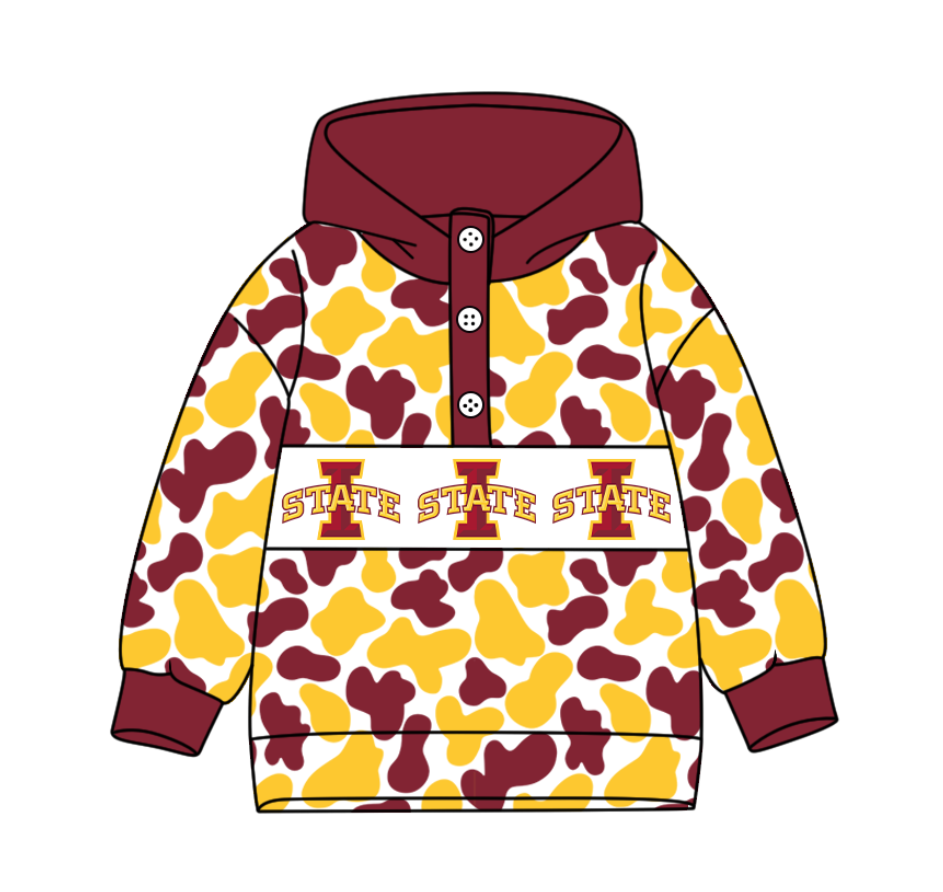 3-Custom moq 8 mix size milk silk summer team baby boy clothes camouflage dark red and yellow hooded long sleeve top-25.10.9