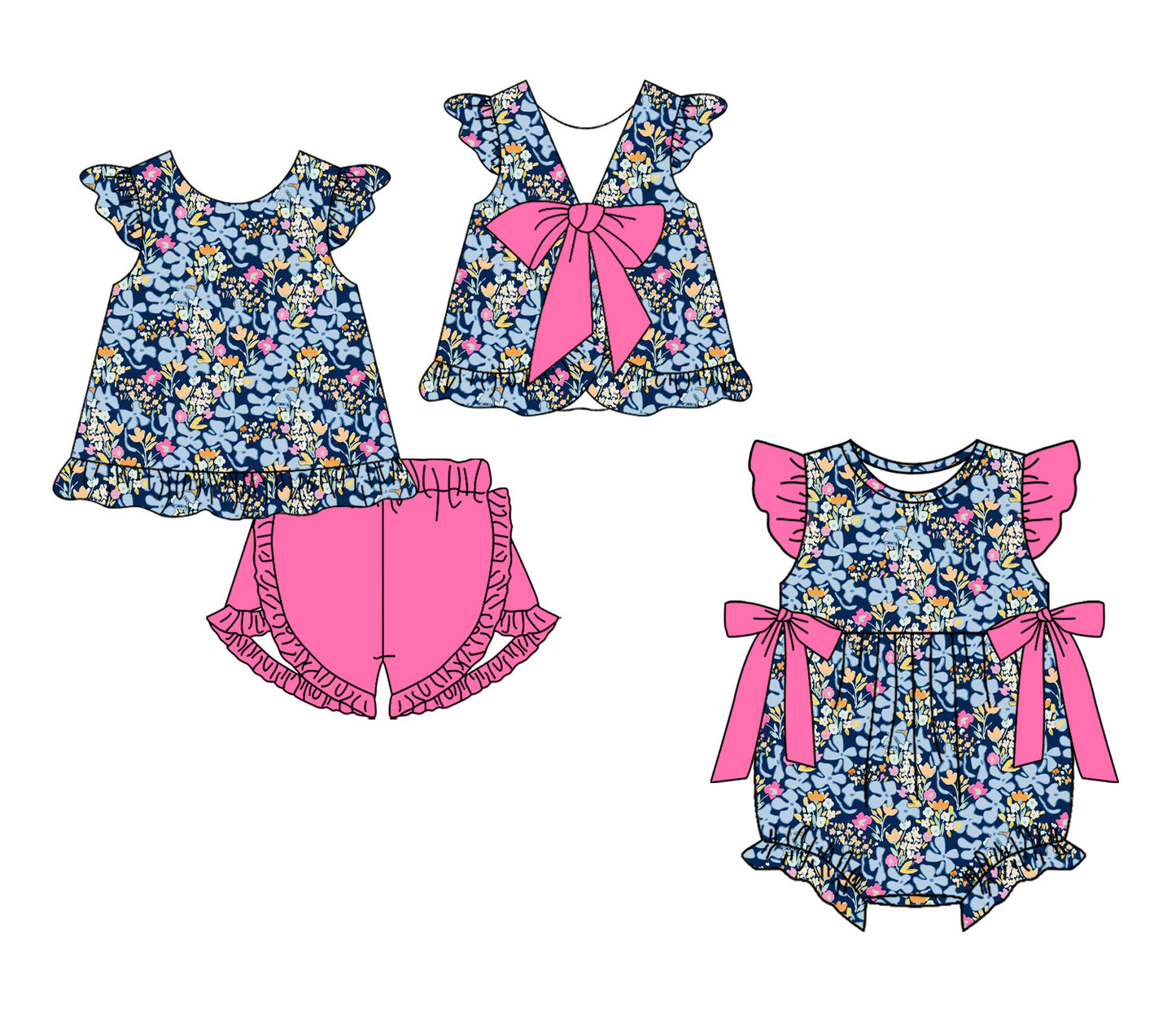 3.14 Custom moq 5 mix size Sibling Baby Girl's Flowers Flutter-Sleeved Top And Shorts Set with Matching Flutter-Sleeved Romper Outfit Set