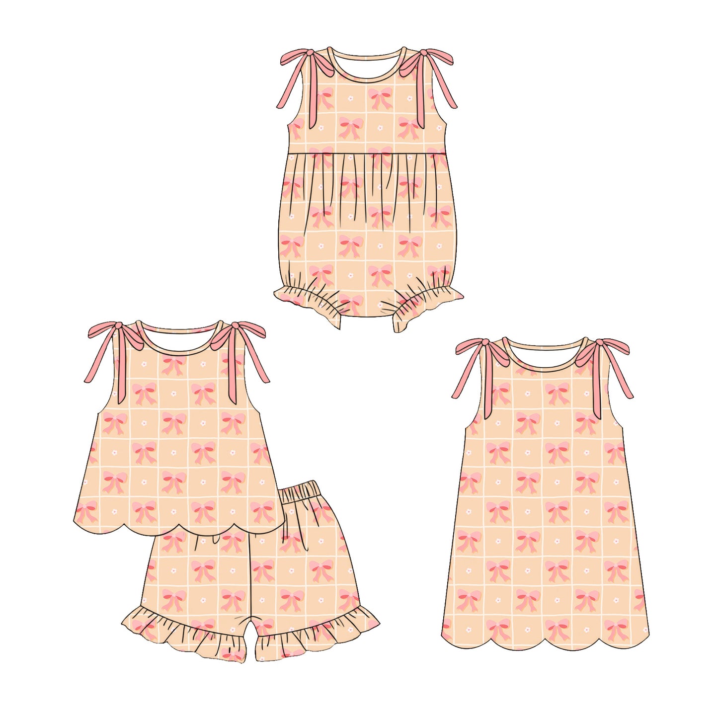 3.30 Custom moq 5 mix size Sibling Baby Girl's Bows Checked Sleeveless Top And Short Set Cute Romper Dress for Summer