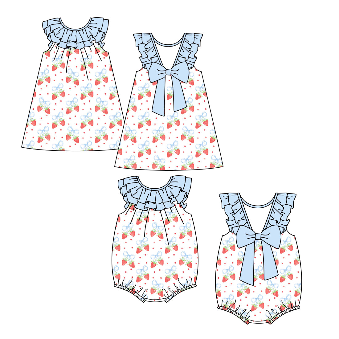 3.6 custom each style moq 5eta 4-6week Sibling Sisters strawberry bow baby girl short sleeve dress and rompers match family design