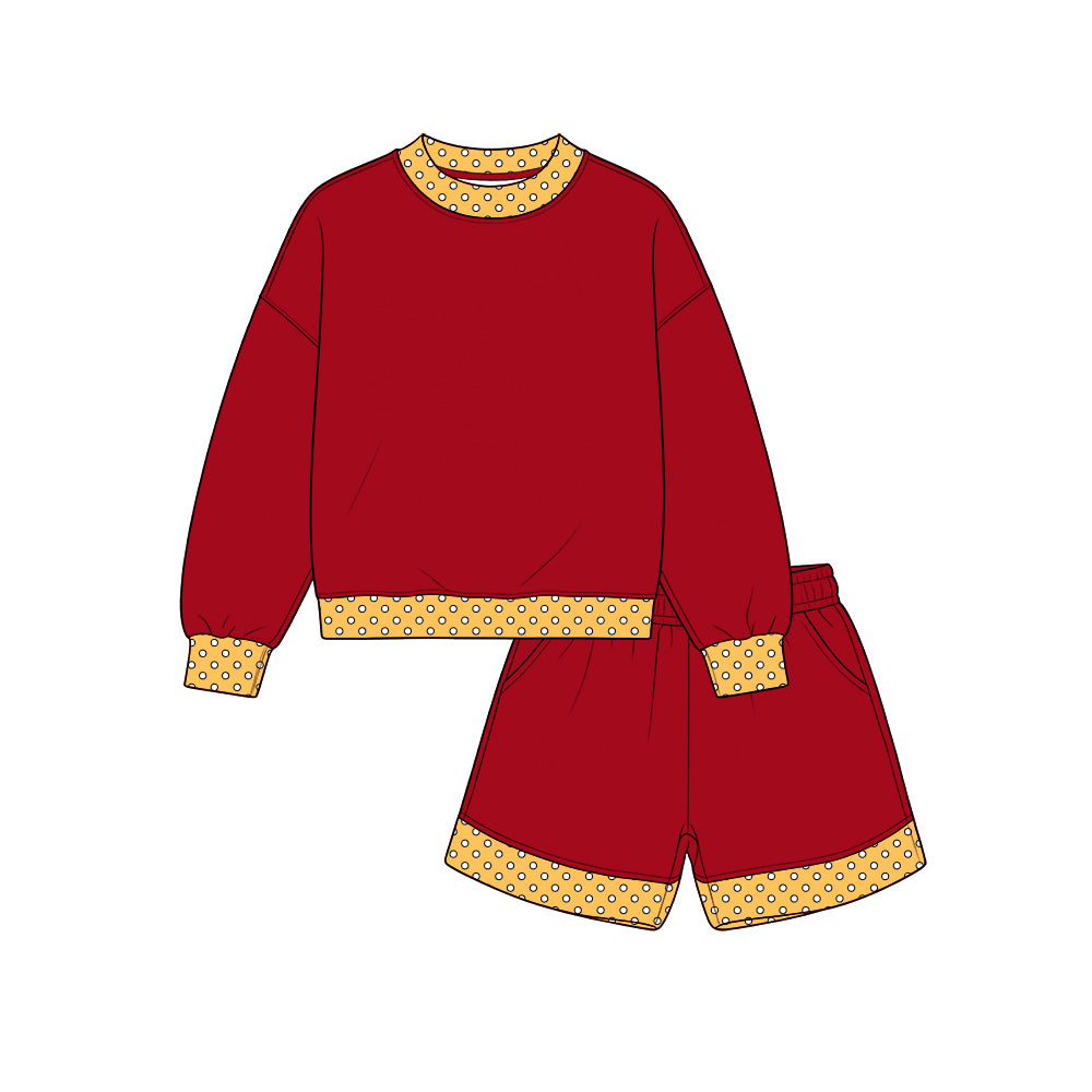 Custom moq 5 cotton fabric girls sets Red and yellow long-sleeved top and shorts set blank offer custom logo sets