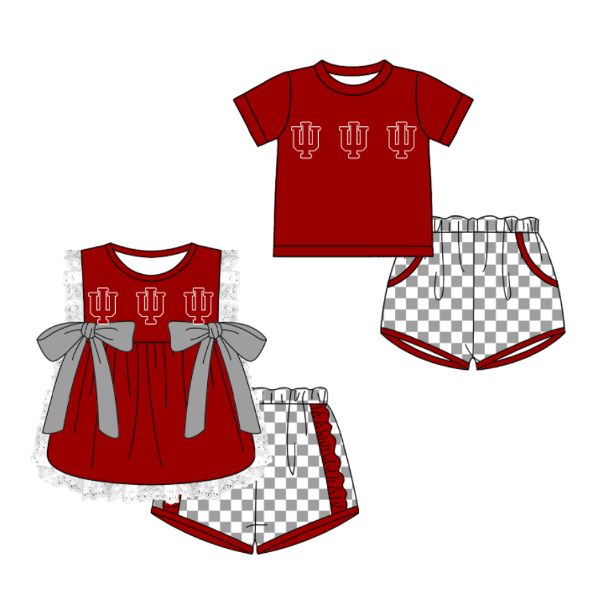 Custom moq 5 mix size milk silk summer teams Red Girl Sleeveless Top And Plaid Shorts Set with Bow Boy Short Sleeved Top And Plaid Shorts Set