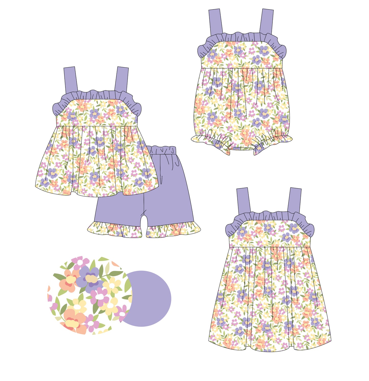 3.5 custom each style moq 5eta 4-6week Sibling Sister floral baby girl short sleeve shorts sets and dress and rompers match family design