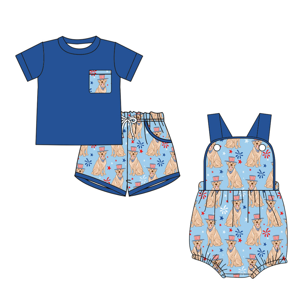 2.27 Custom moq 5 mix size Sibling Blue 4th of July Baby Boys Romper Short-Sleeved Top And Shorts Set