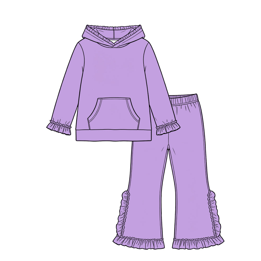 Custom moq 5 girls Blank Cotton Fabric hooded long-sleeve top and pants set Purple hooded long-sleeved top and pants set with lace detailing