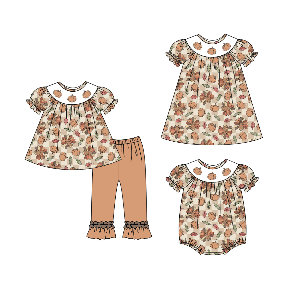 25.5.10 custom each style moq 5eta 4-6week Sibling Sisters pumpkin turkey baby girl short sleeve pants sets and dress and rompers match family design