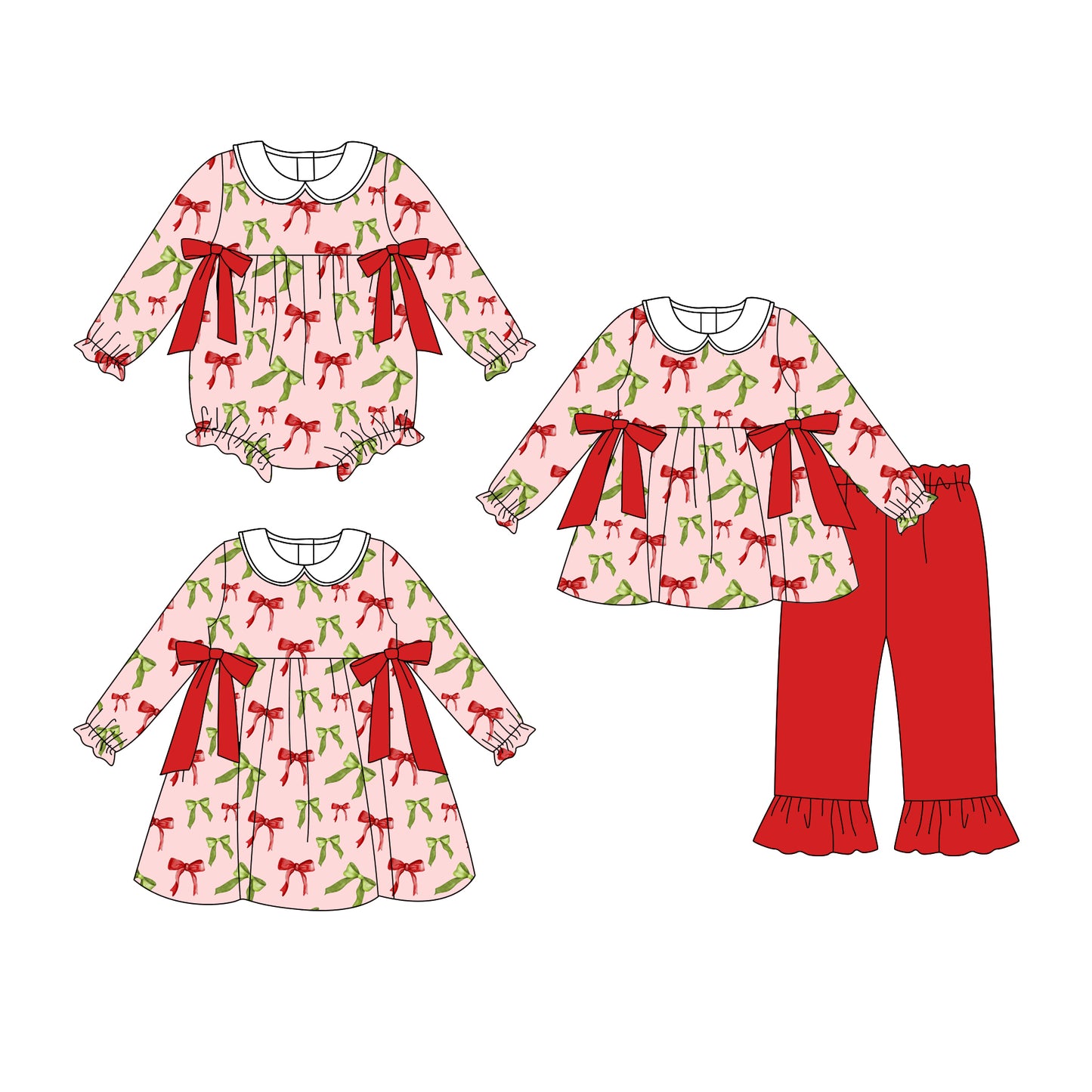 25.7.9 custom each style moq 5eta 4-6week Sibling Sisters bow baby girl long sleeve pants sets and dress and rompers match family design