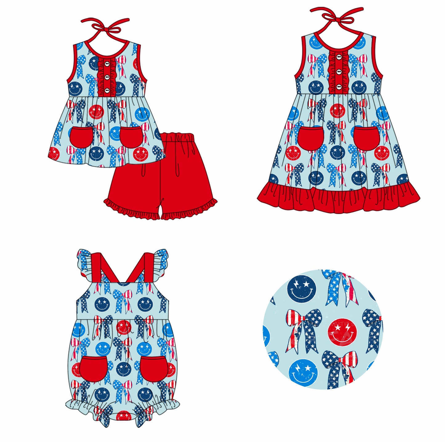 11.25 custom each style moq 5eta 4-6week Sibling Sister smiley 4th of july bow red baby girl short sleeve shorts sets and dress and rompers match family design