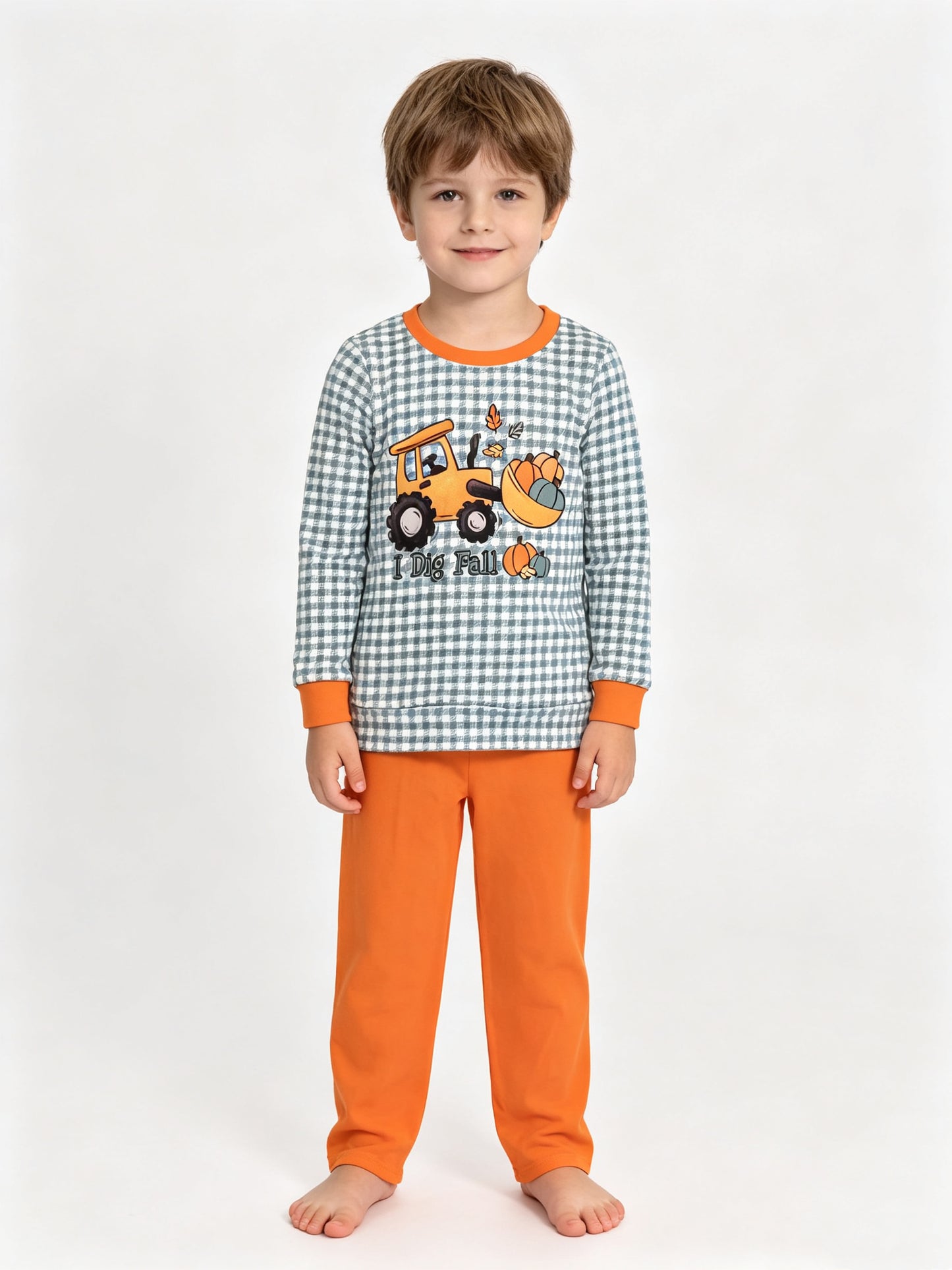 (Sample) No moq milk silk BLP1542 Baby Boys Pumpkins Truck Checked Top Pant Fall Clothes Set