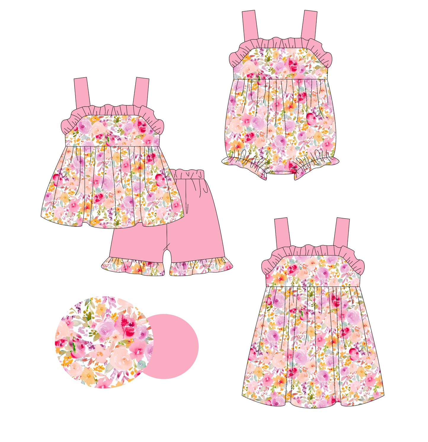 3.3 custom each style moq 5eta 4-6week Sibling Sister floral baby girl short sleeve shorts sets and dress and rompers match family design