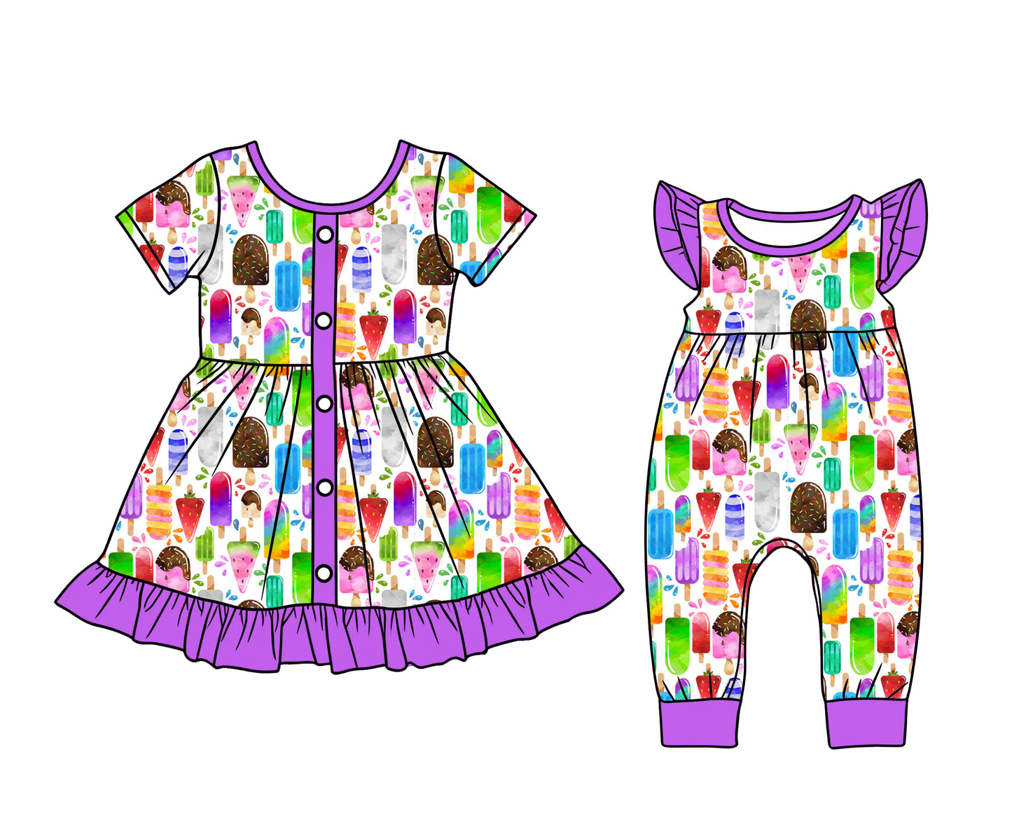 3.10 Custom moq 5 mix size Sibling Baby Girls Purple Short Sleeves Ruffle Knee-Length Dress Flying Sleeves Romper