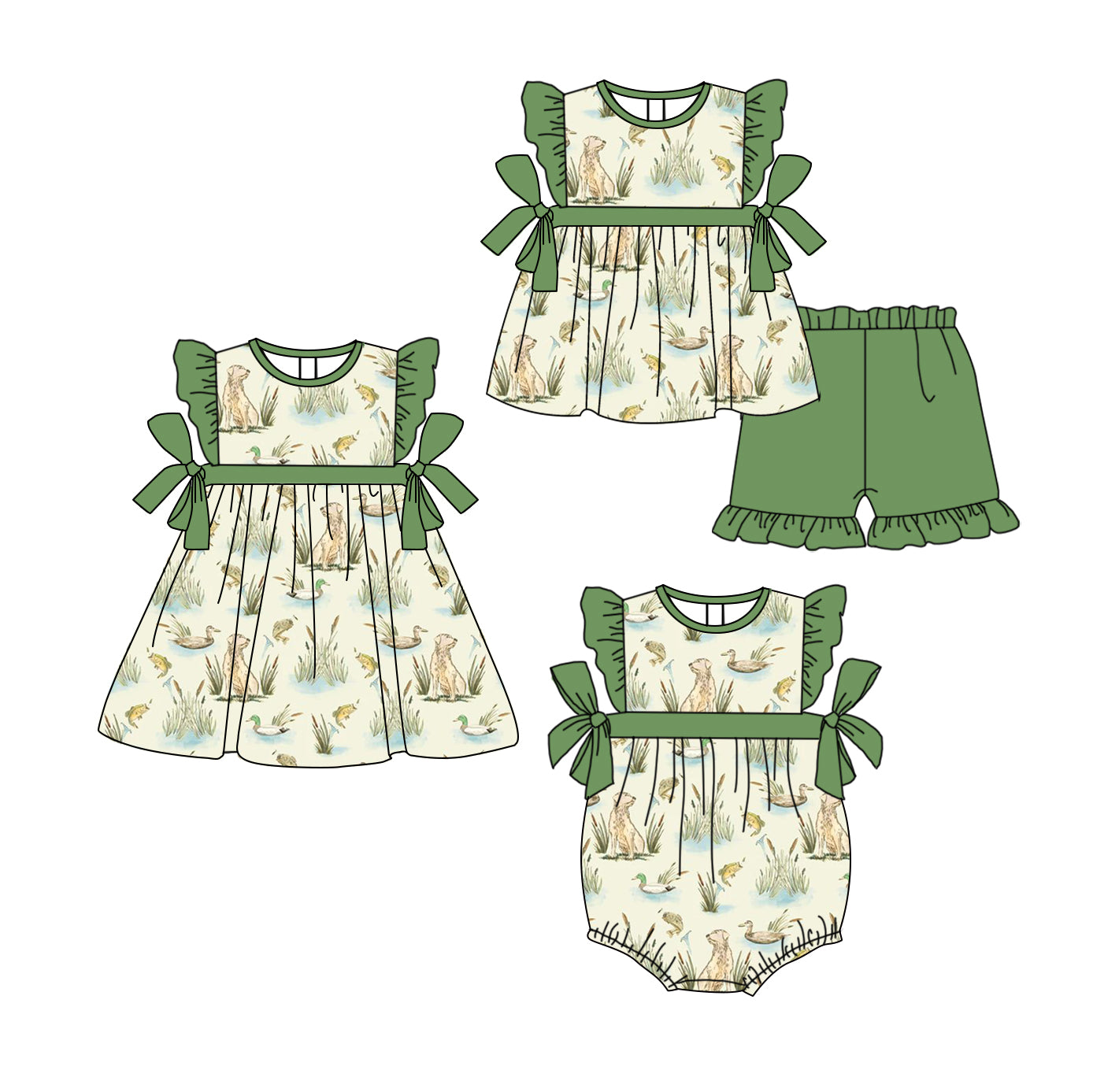 2.24 custom each style moq 5eta 4-6week Sibling Sisters duck puppy baby girl short sleeve shorts sets and dress and rompers match family design