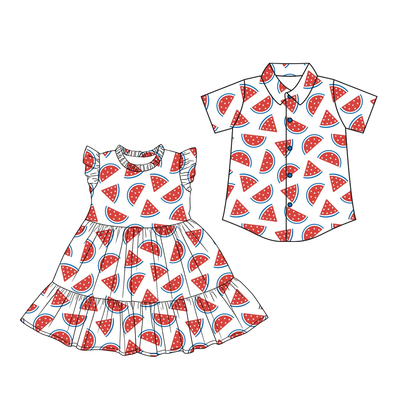 2.28 Custom moq 5 mix size Sibling Baby Girl's Flutter Sleeve Dress Baby Boy's Short-Sleeved Button Shirt Matching Outfit Set for Infants