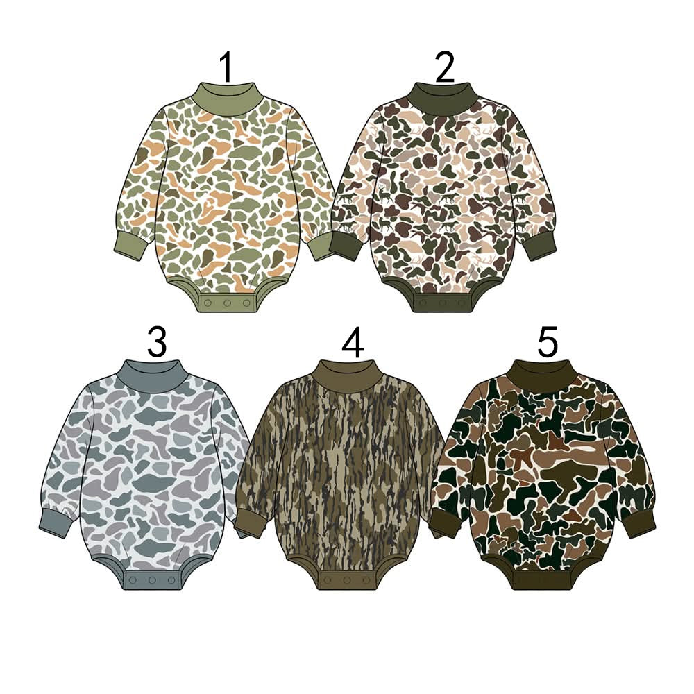 custom moq 5 mix size High Neck Baby Kids Camo Print Mock Neck Long Sleeve Fall Romper