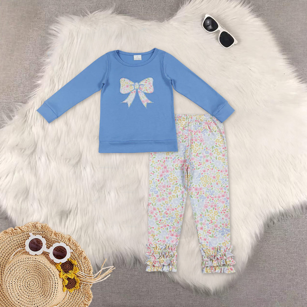 RTS NO MOQ baby girl clothes embroidery floral long sleeve pants sets