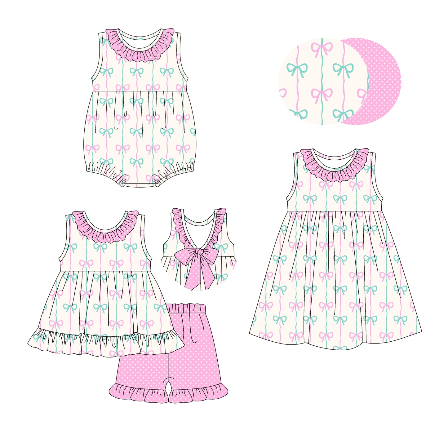 2.28 custom each style moq 5eta 4-6week Sibling Sister bow baby girl short sleeve shorts sets and dress and rompers match family design