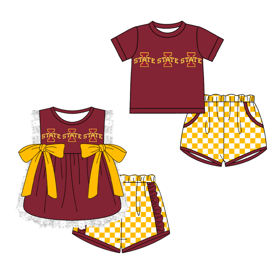 Custom moq 5 mix size milk silk summer teams Red Girl Sleeveless Top And Plaid Shorts Set with Bow Boy Short Sleeved Top And Plaid Shorts Set