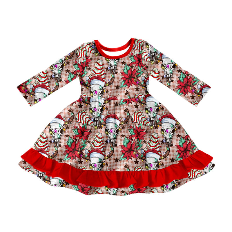 8.13 custom each style moq 5eta 4-6week baby girls clothes Christmas cow head floral red long sleeve purple dress