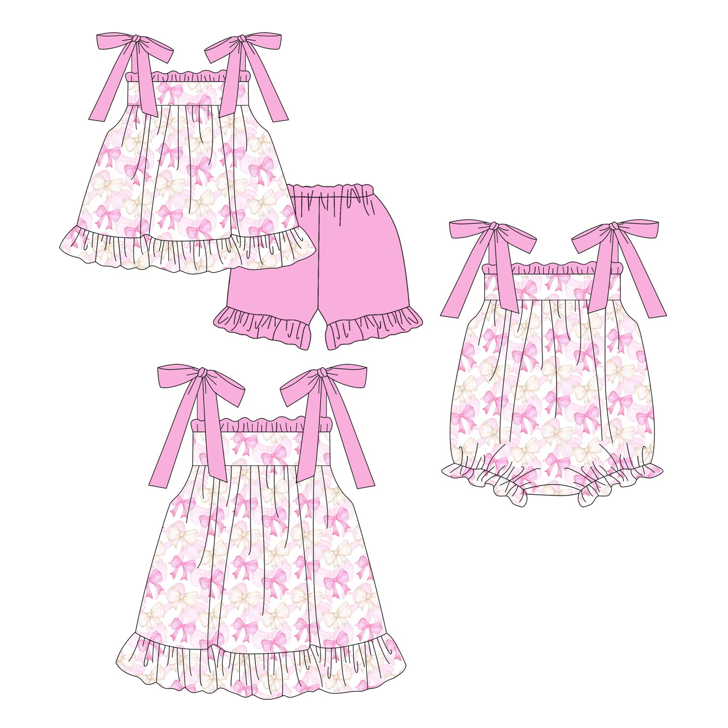 4.3 Custom moq 5 mix size Sibling Baby Girl's Bows Strap Top And Short Set Cute Romper Dress for Summer