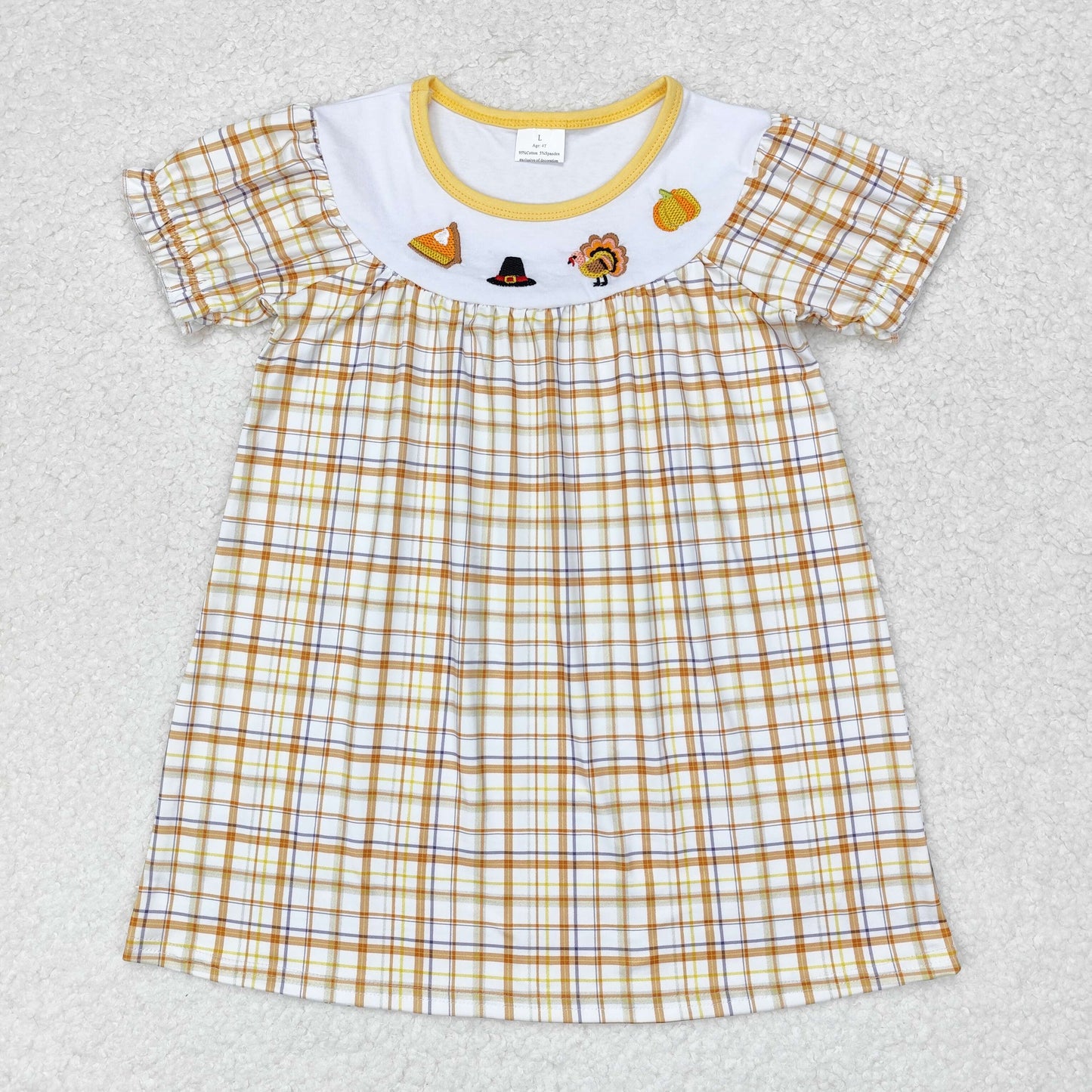 RTS NO MOQ(In Stock) Embroidered hat turkey pumpkin orange and yellow plaid short-sleeved dress