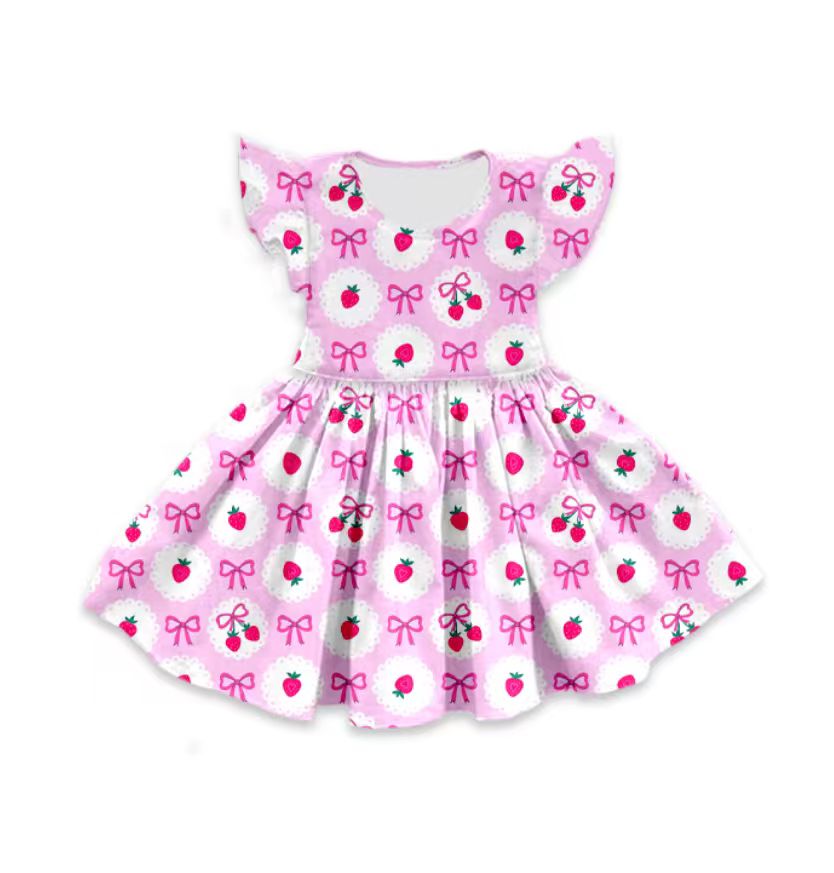 Custom moq 5 mix size milk silk baby girl clothes strawberry bow flying sleeve shorts sets and dresses 2