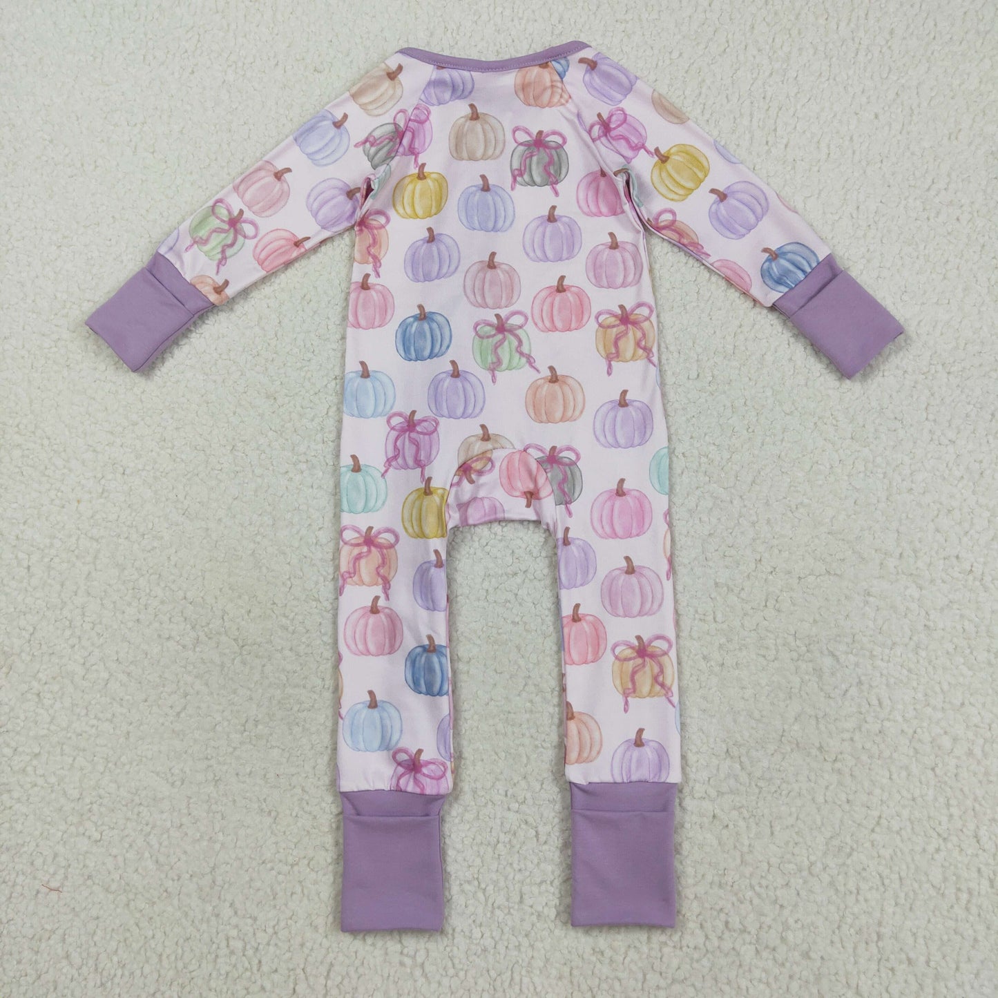 RTS NO MOQ(In Stock) LR2442 Pink and purple long-sleeved zip-up bodysuit with colorful pumpkin and bow pattern