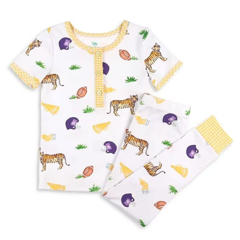 Custom moq 3 eta about 6-8 weeks baby girls clothes tiger yellow Short Sleeve Long Pants Pajama Set