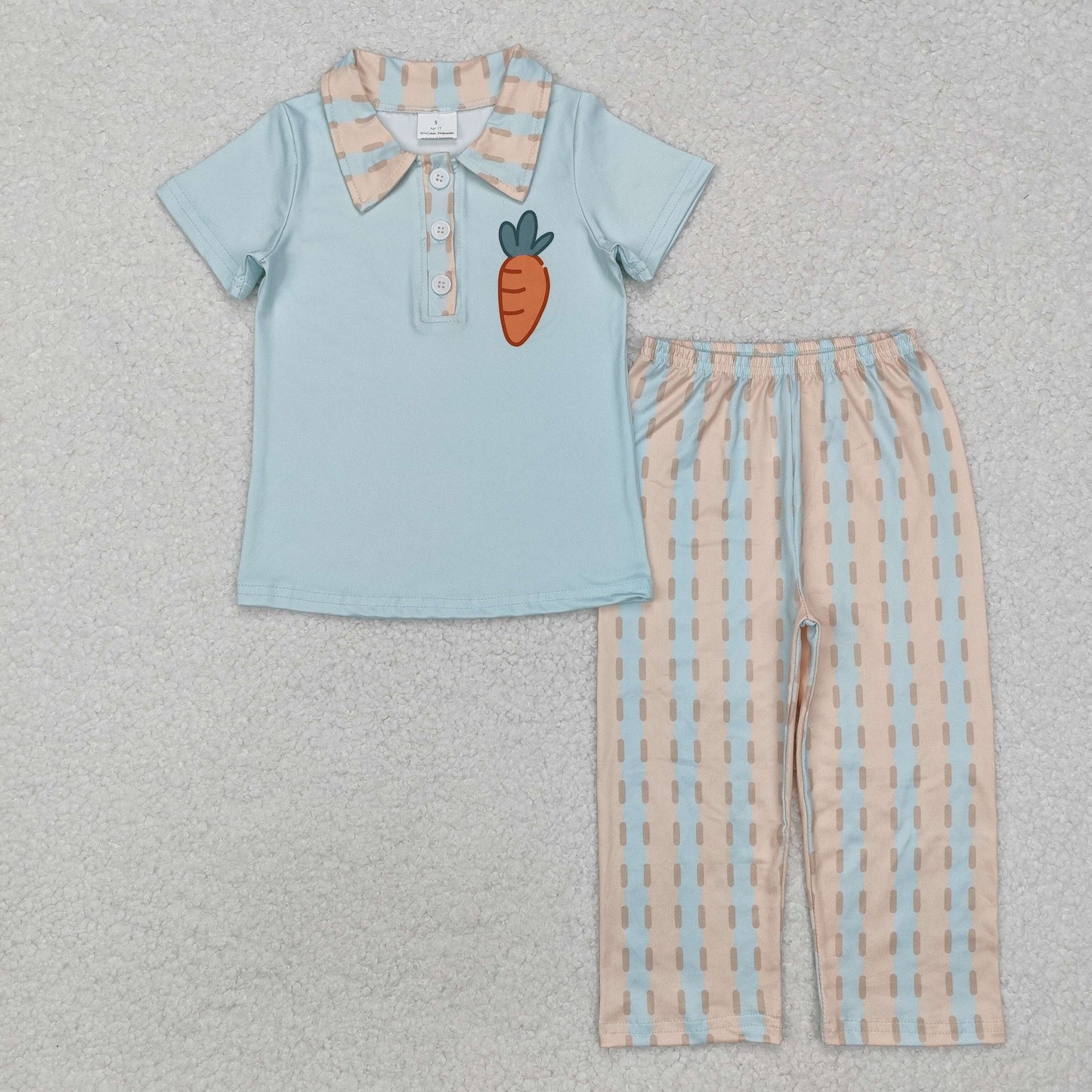 RTS NO MOQ(In Stock) BSPO0528 Easter carrot blue short-sleeved striped trousers set